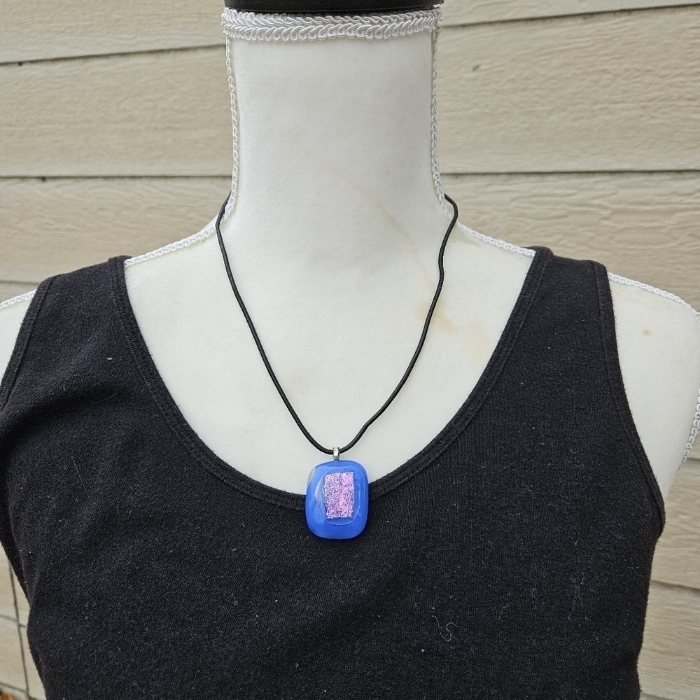 blue and purple art glass pendant on black cord